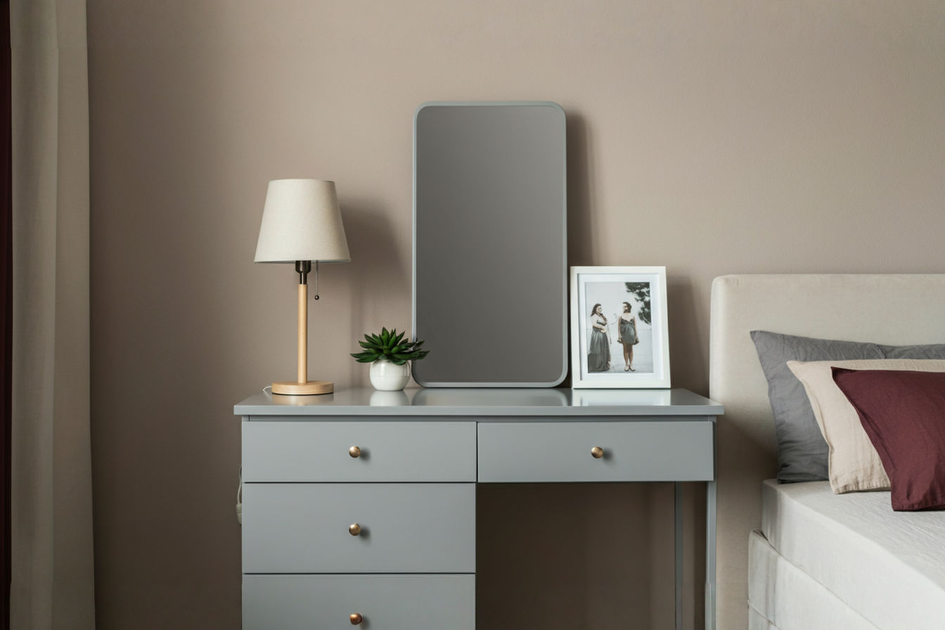 A stylishly arranged bedroom features a modern, medium grey dresser with an attached rectangular mirror. On the dresser top are a simple table lamp, a small green plant in a white pot, and a couple of framed photos. The bedroom has soft, neutral-colored walls and bedding, creating a calm and inviting atmosphere.