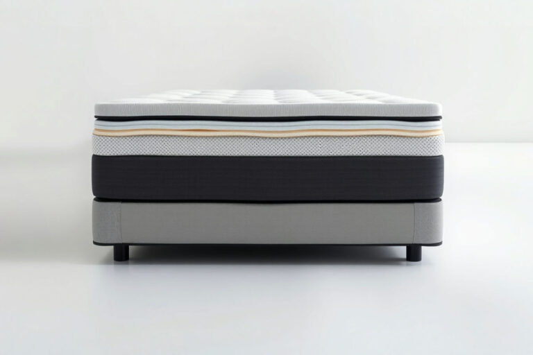 Professional, well-lit studio photograph showing a cutaway view of a hybrid mattress, clearly displaying the distinct layers: a base of individually pocketed coils, a transition layer of foam, and a top comfort layer of memory foam or latex. The image should be clean, sharp, and visually emphasize the different materials and their arrangement.