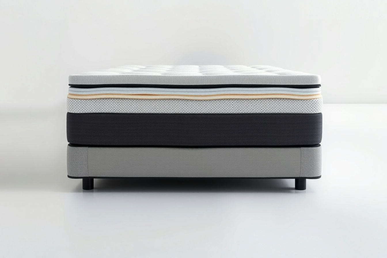 Professional, well-lit studio photograph showing a cutaway view of a hybrid mattress, clearly displaying the distinct layers: a base of individually pocketed coils, a transition layer of foam, and a top comfort layer of memory foam or latex. The image should be clean, sharp, and visually emphasize the different materials and their arrangement.