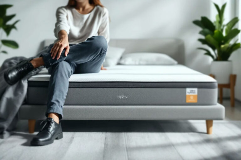 Professional, bright, and clean photograph showing a person sitting comfortably on the edge of a modern hybrid mattress. The mattress edge appears firm and supportive, with minimal compression. The background is a simple, well-lit bedroom setting.