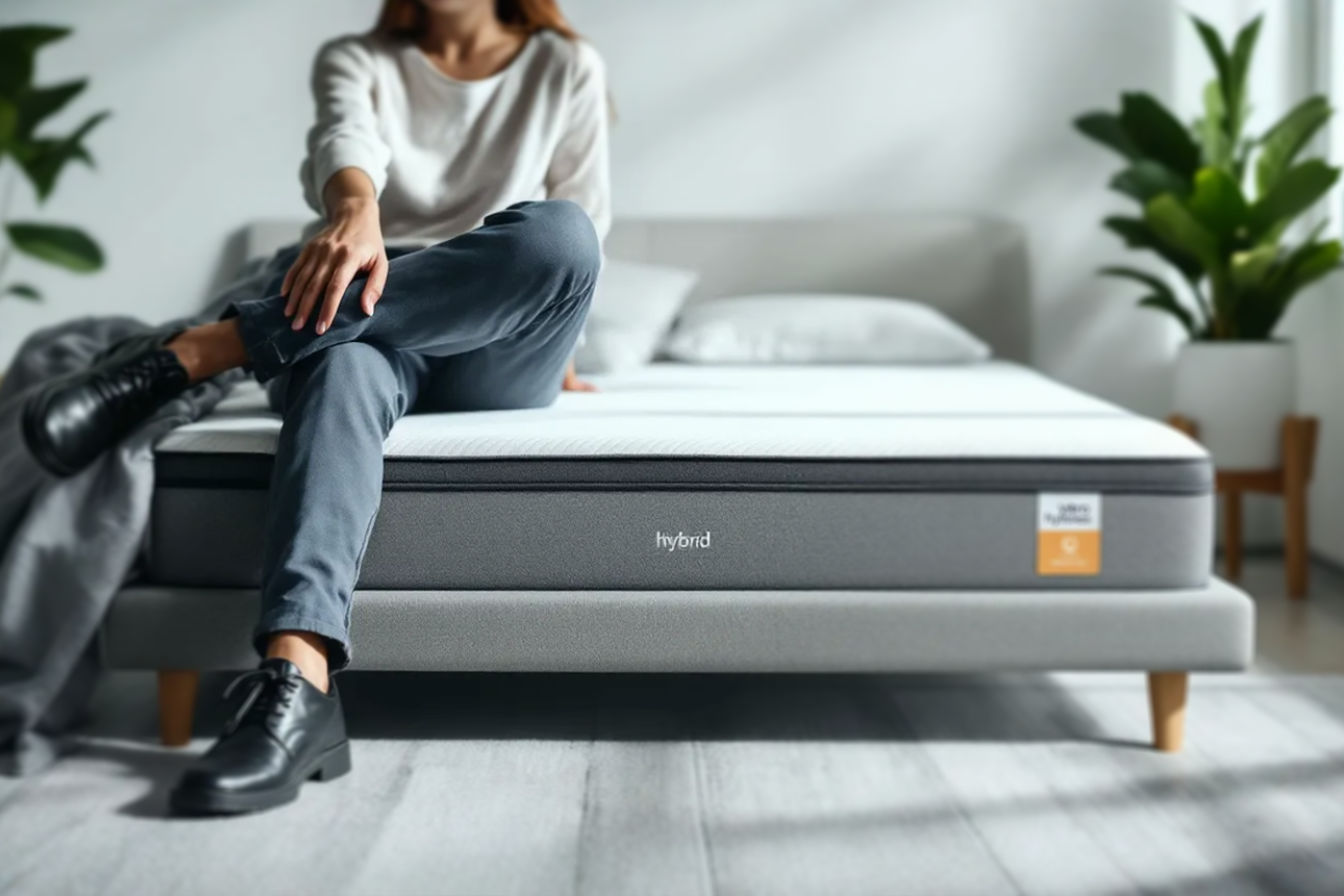 Professional, bright, and clean photograph showing a person sitting comfortably on the edge of a modern hybrid mattress. The mattress edge appears firm and supportive, with minimal compression. The background is a simple, well-lit bedroom setting.
