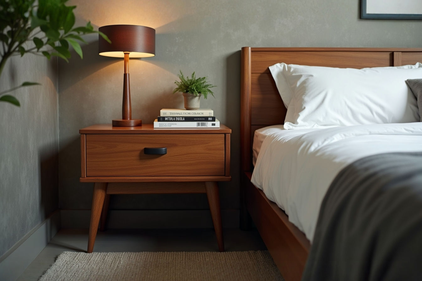 A professionally styled photograph of a bedroom featuring a classic walnut Mid-Century Modern nightstand with a tapered leg base and a single drawer. On the nightstand sits a simple, elegant MCM-style table lamp, a stack of vintage books, and a small potted plant. The background shows a subtly textured wall and the edge of a bed with clean, modern bedding, creating a warm and inviting atmosphere.