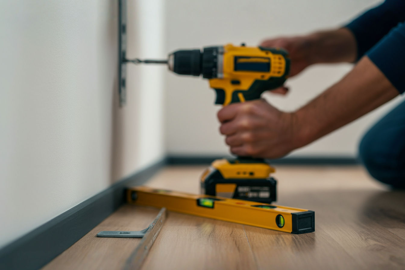 Professional, bright, and clean photography showing a person (focus on hands and tools, face not clearly visible) using a drill to attach a shelf bracket to a wall. A stud finder and level are visible nearby on a clean floor. The background is a slightly blurred, modern living room or office wall. The overall feel is achievable, efficient, and empowering.