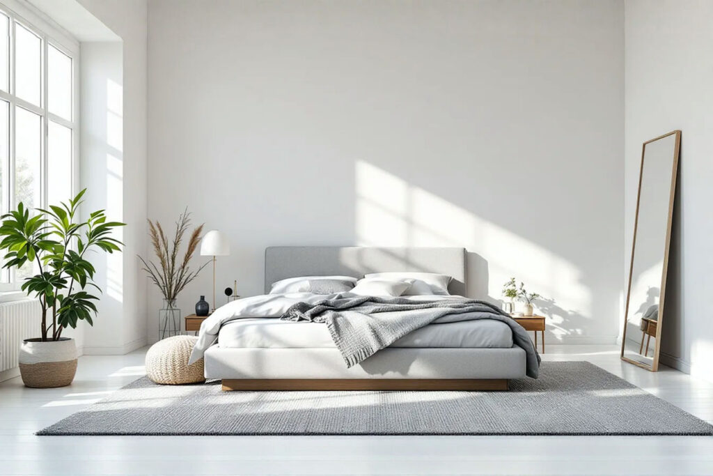 A bright, minimalist bedroom featuring a king-size bed with a low-profile, light gray upholstered headboard and a simple platform frame. The room has white walls, natural light from a large window, and a large mirror leaning against the wall opposite the bed. A few strategically placed, slim-profile nightstands are visible, and the floor space around the bed is clear, enhancing the feeling of spaciousness. Professional photography, clean lines, airy feel.
