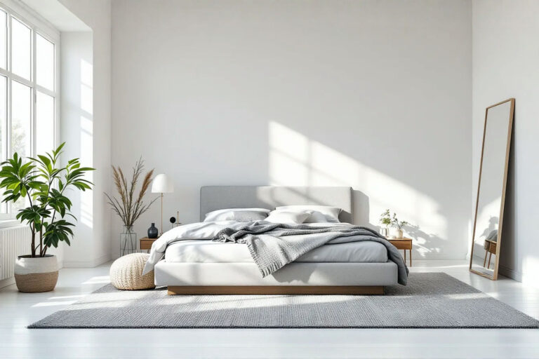 A bright, minimalist bedroom featuring a king-size bed with a low-profile, light gray upholstered headboard and a simple platform frame. The room has white walls, natural light from a large window, and a large mirror leaning against the wall opposite the bed. A few strategically placed, slim-profile nightstands are visible, and the floor space around the bed is clear, enhancing the feeling of spaciousness. Professional photography, clean lines, airy feel.