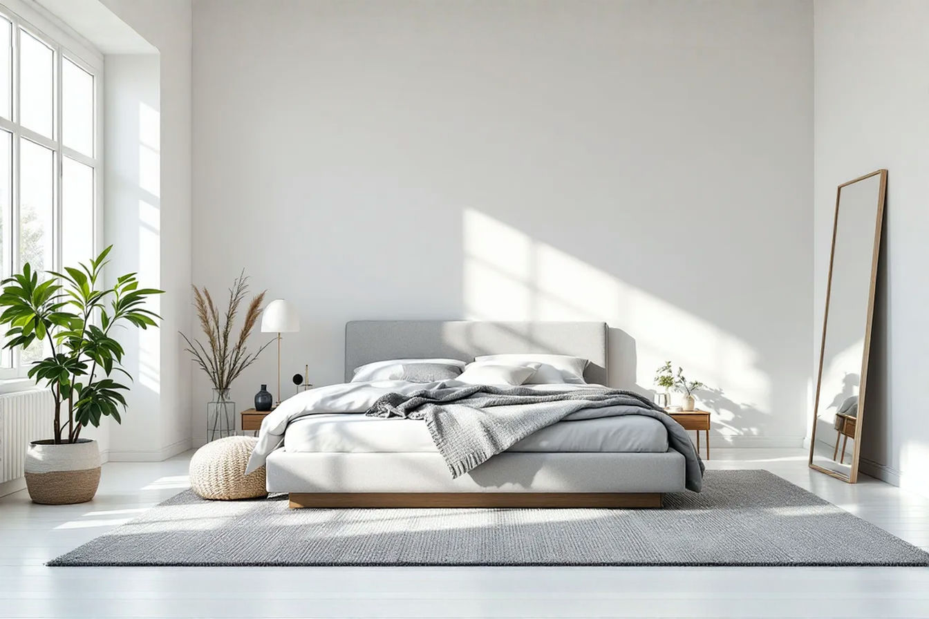 A bright, minimalist bedroom featuring a king-size bed with a low-profile, light gray upholstered headboard and a simple platform frame. The room has white walls, natural light from a large window, and a large mirror leaning against the wall opposite the bed. A few strategically placed, slim-profile nightstands are visible, and the floor space around the bed is clear, enhancing the feeling of spaciousness. Professional photography, clean lines, airy feel.