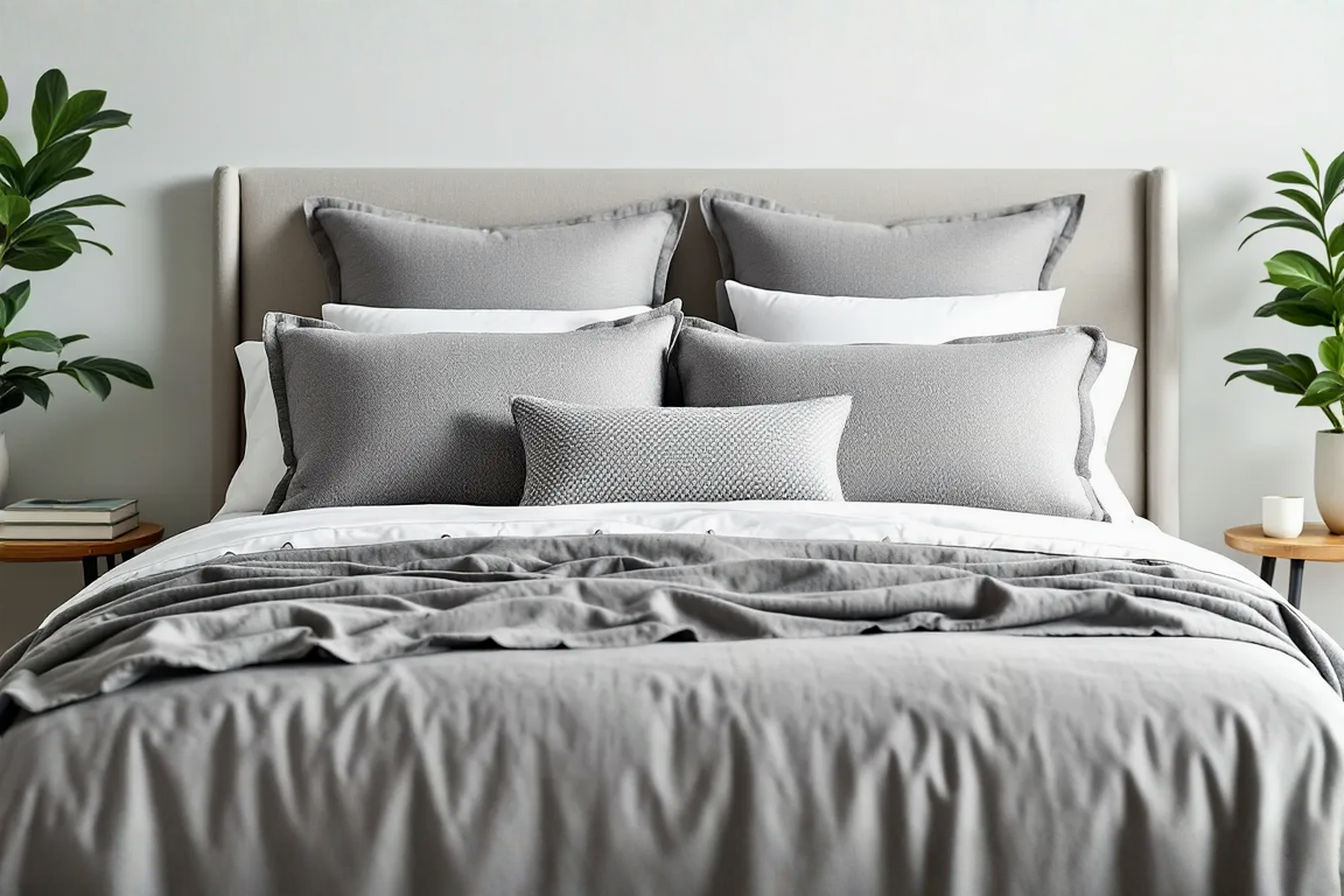 A professionally styled king-size bed in a bright, modern bedroom. The bed is made with layered neutral-colored bedding (white duvet, grey quilt) and features a generous arrangement of decorative pillows. The back layer consists of three large square Euro shams in a textured grey fabric. In front of the Euro shams are two king-size shams in crisp white. The front layer includes two medium-sized square accent pillows in a subtle pattern and one long lumbar pillow in a complementary solid color, centered. The pillows are neatly arranged and look plush and inviting. The image is well-lit, showcasing the textures and layers of the bedding and pillows.