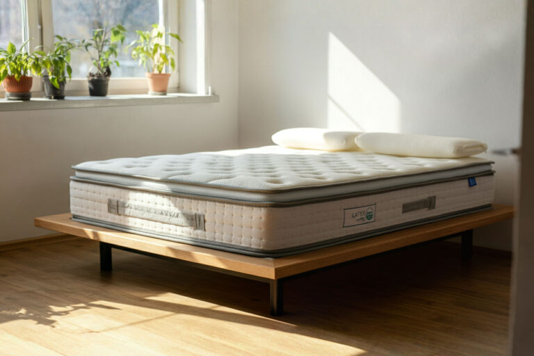 Professional, bright, and clean photograph of a modern bedroom with a neatly made latex hybrid mattress on a simple platform bed frame. Sunlight streams through a window, highlighting the texture of the organic cotton mattress cover. A few green plants are visible in the background, subtly suggesting nature and sustainability.