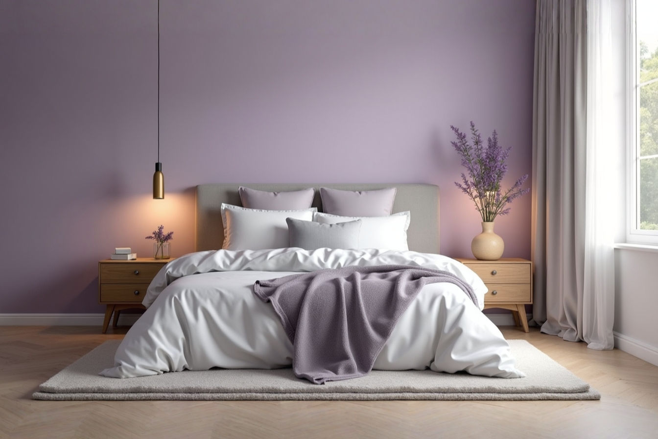 A beautifully styled bedroom with soft lavender walls, layered white and grey bedding, natural wood furniture, a plush area rug, and soft ambient lighting, with a small vase of fresh lavender on the nightstand. The image is professionally lit and styled to evoke a sense of calm and tranquility, showcasing a harmonious blend of colors and textures.