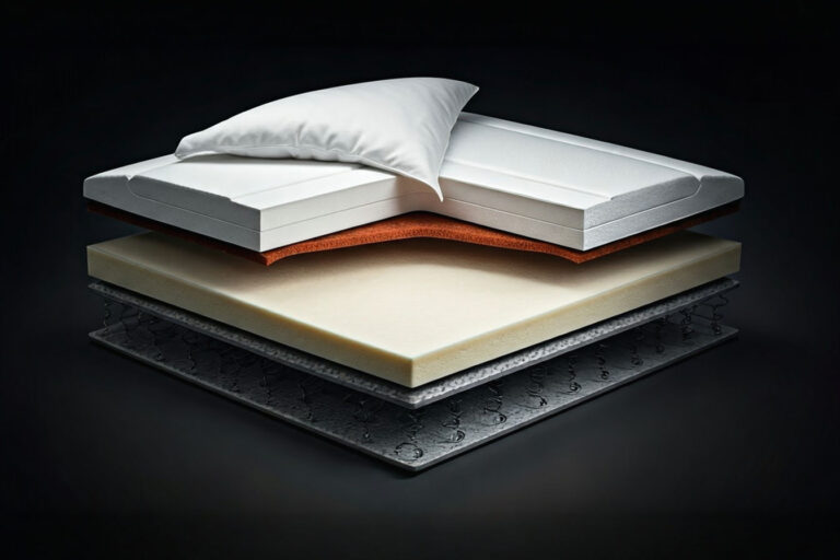 A high-angle, professional photograph showcasing a cross-section of a luxury mattress, revealing distinct layers of premium materials such as visible pocketed coils, a layer of natural latex, and plush top layers of natural fibers like wool or cashmere, contrasted visually with a smaller inset cross-section of a simpler mattress showing basic foam and interconnected springs. The lighting should be soft and highlights the texture and quality of the materials.