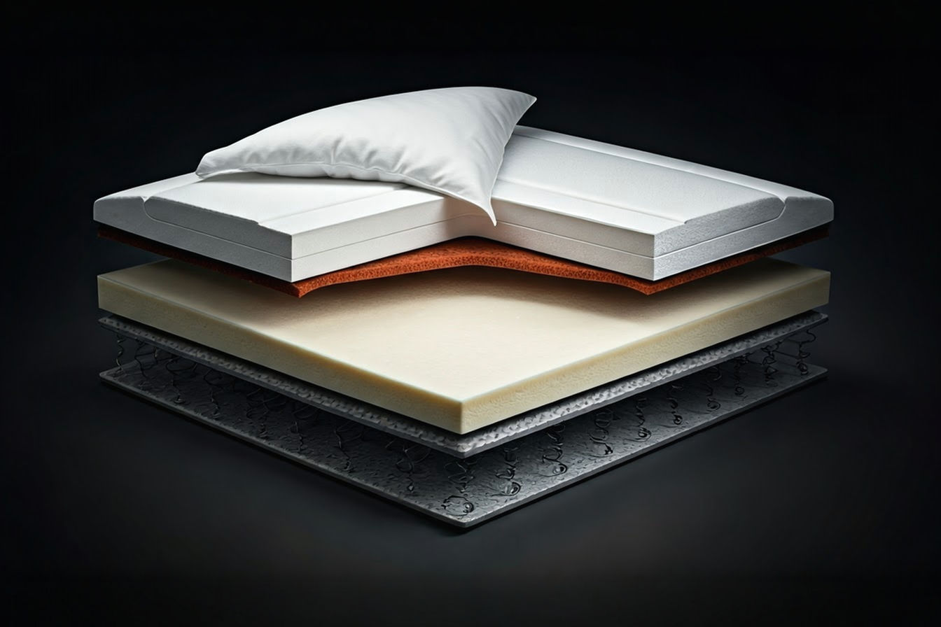 A high-angle, professional photograph showcasing a cross-section of a luxury mattress, revealing distinct layers of premium materials such as visible pocketed coils, a layer of natural latex, and plush top layers of natural fibers like wool or cashmere, contrasted visually with a smaller inset cross-section of a simpler mattress showing basic foam and interconnected springs. The lighting should be soft and highlights the texture and quality of the materials.
