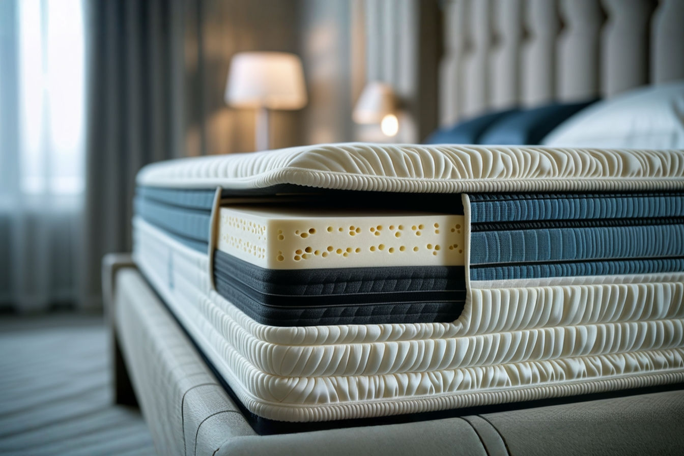 A professional, high-angle photograph showing a corner of a luxurious king-sized mattress in a well-lit, elegant bedroom setting. The mattress corner is slightly lifted to reveal a cross-section of its internal layers, showcasing different textures and materials like plush fabric, foam, and perhaps a hint of coil structure. The focus is sharp on the mattress layers, with the background softly blurred to emphasize the product. The overall tone is sophisticated and highlights the quality and construction of the mattress.