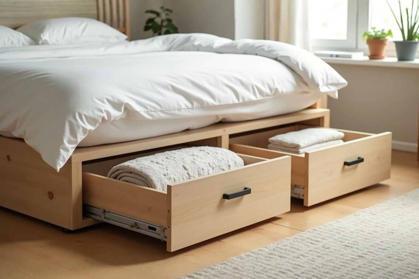 A bright, modern bedroom scene. The bed is neatly made with crisp white linens. A set of stylish, low-profile rolling under-bed storage drawers, made of light wood with simple handles, is partially pulled out from under the bed, showing neatly organized folded blankets inside. The floor is a light wood, and a small, minimalist rug is visible. The overall feel is clean, organized, and serene, highlighting the benefit of hidden storage.
