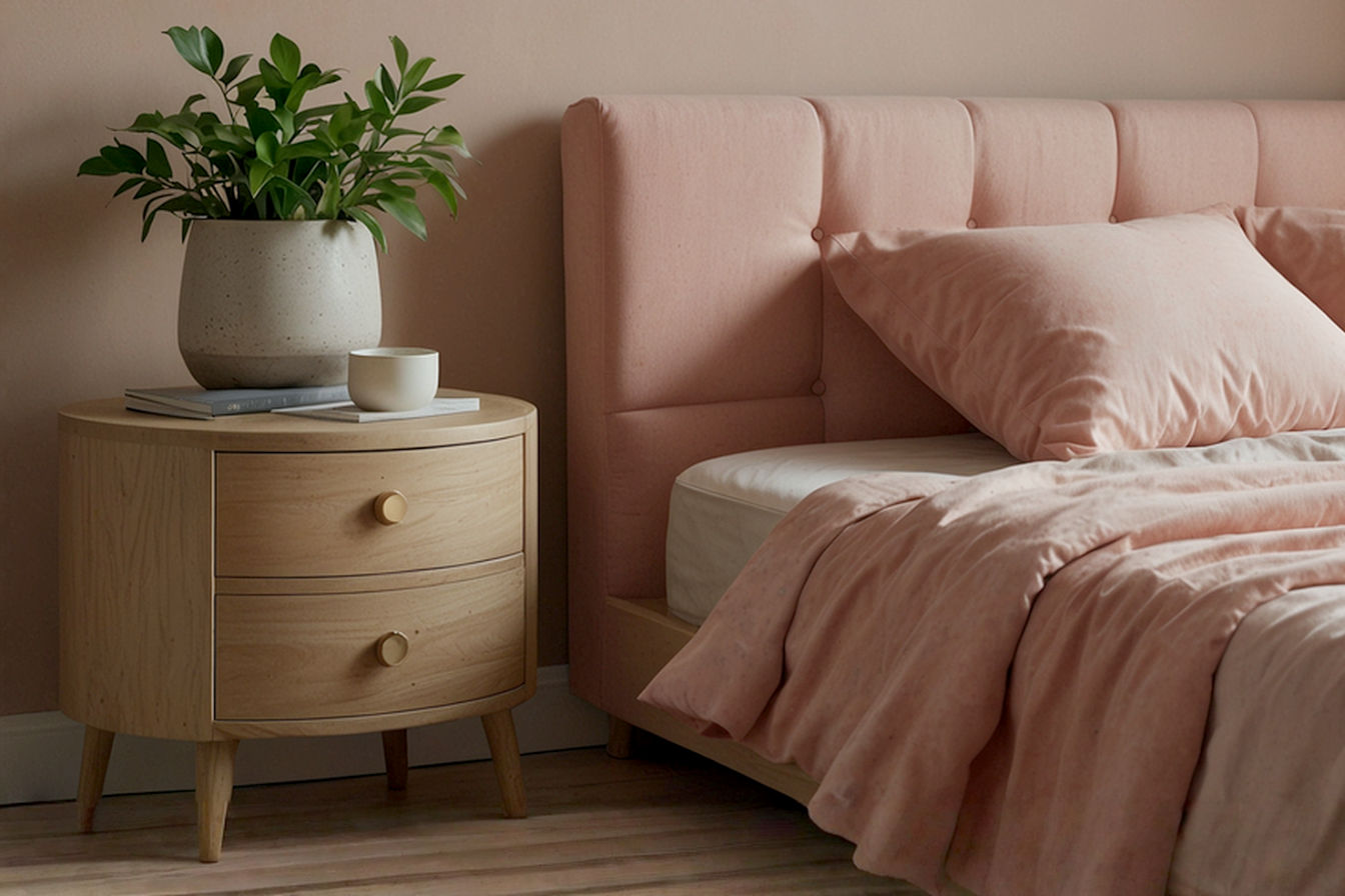 A professional, well-lit photograph of a modern bedroom scene. A stylish bed is centered, and next to it sits a sleek, contemporary bedside cabinet. The cabinet has visible storage features like drawers or a combination of drawers and a shelf. The top surface is neatly styled with a modern lamp, a book, and a small plant. The overall aesthetic is clean, calm, and organized, emphasizing the benefit of good bedside storage.
