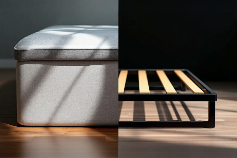 Professional, well-lit photograph showing a split view. One side shows a close-up of the corner of a traditional fabric-covered box spring under a mattress. The other side shows a close-up of the open slatted base of a modern metal platform bed frame.