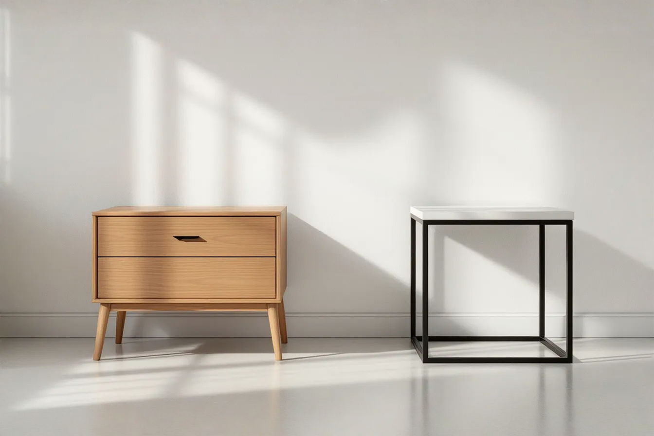 Professional, well-lit photograph showing two nightstands side-by-side against a neutral bedroom wall. The nightstand on the left is a warm-toned solid wood piece with a drawer. The nightstand on the right is a sleek, black powder-coated steel frame design with a minimalist top surface. The image composition highlights the contrasting aesthetics and textures of the two materials clearly.
