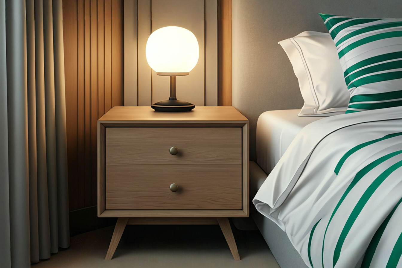 Professional, bright, clean photograph of a modern bedroom scene. The focus is on a simple, minimalist bedside table with one drawer, made of light wood, next to a bed with crisp white linens. On the table surface is a single, simple lamp and a closed book. The background is slightly blurred, showing a calm, uncluttered bedroom environment. Soft, natural light is coming from a window.