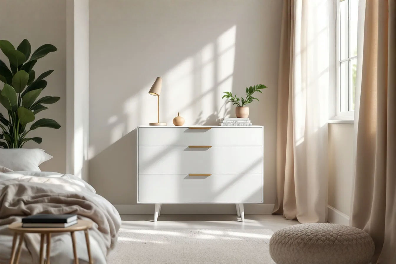 Professional photography of a modern bedroom featuring a sleek, minimalist white chest of drawers with handleless drawers. The chest is styled with a simple table lamp, a small potted plant, and a few stacked books. The room has soft, natural lighting and a calm, inviting atmosphere.