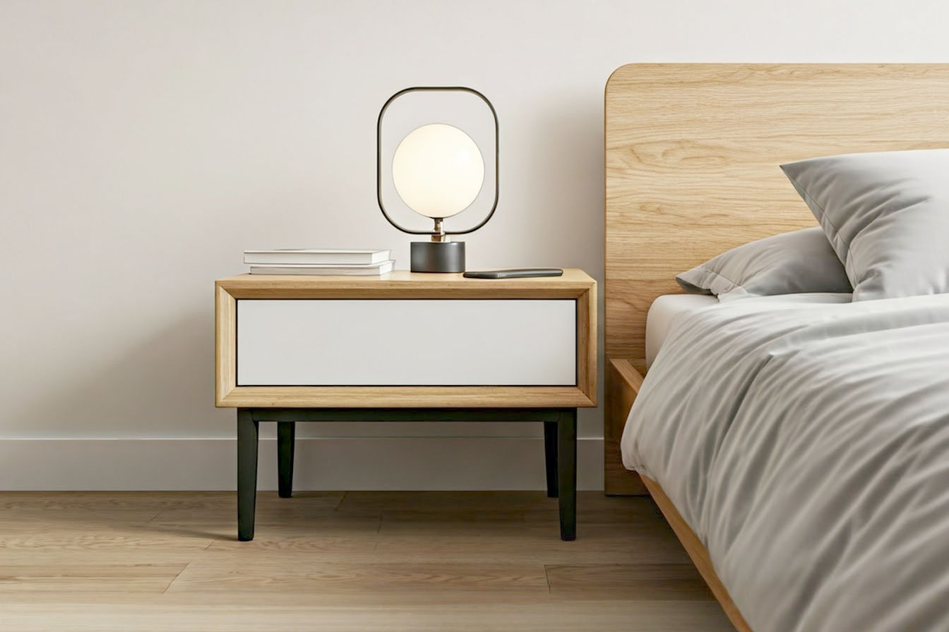A stylish, modern bedroom scene with a comfortable bed. On one side of the bed, a sleek, modern nightstand with a single drawer and minimalist metal legs holds a contemporary table lamp, a book, and a smartphone charging wirelessly on its surface. The design is clean-lined, showcasing the wood grain and matte finish of the material. The lighting is soft and inviting.