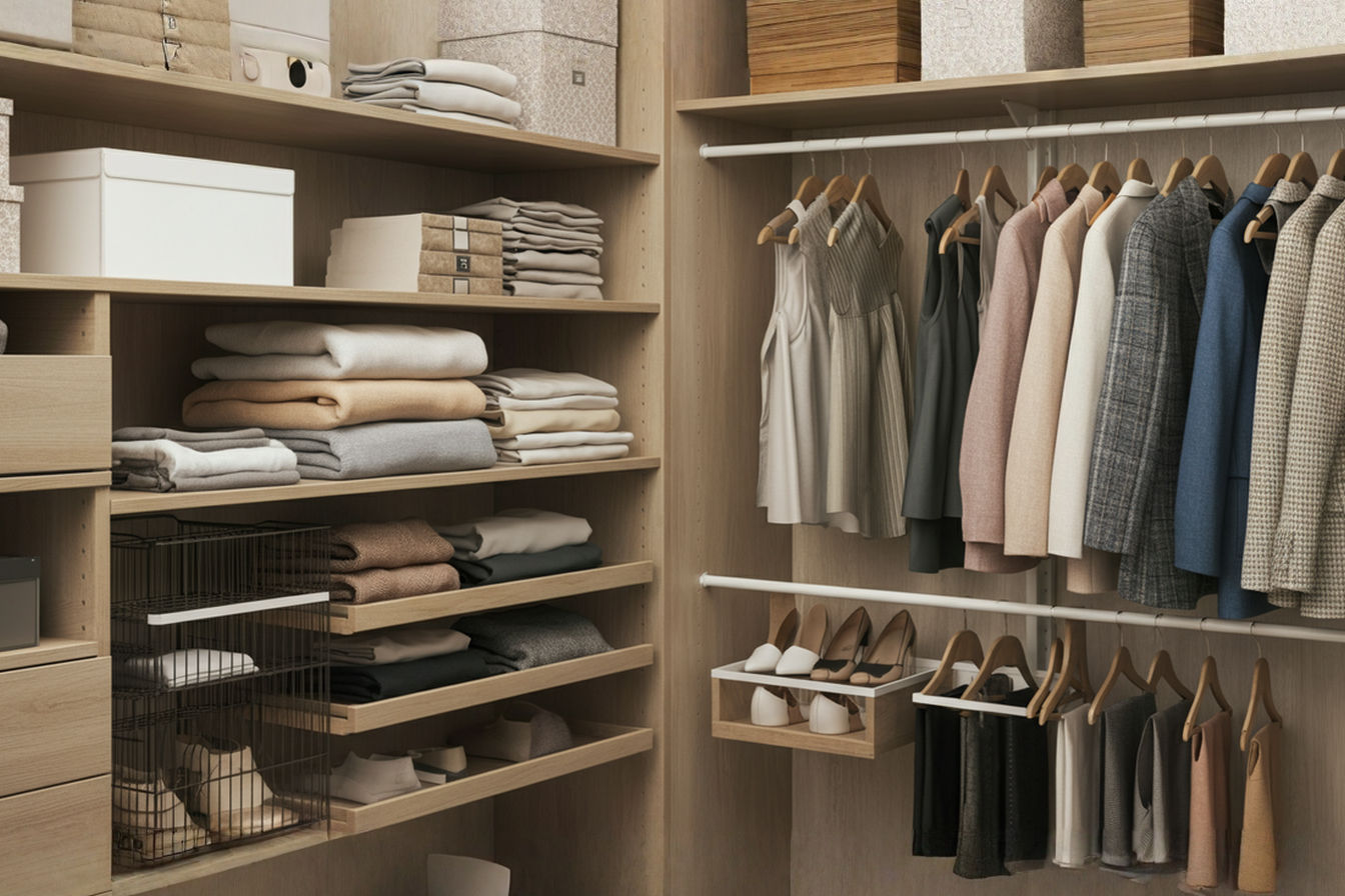 Professional, bright photograph of a beautifully organized walk-in closet. The image shows neatly hung clothes on matching hangers, folded items stacked tidily on shelves, labeled bins, and shoes arranged on racks. The overall impression is clean, spacious, and calm, with a focus on the functional and aesthetic benefits of organization.
