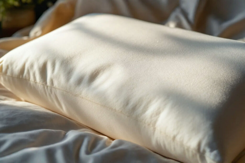 A close-up, professional photograph of a memory foam pillow showing a slight indentation from a head shape, illuminated by soft, warm light. The image should convey comfort and the responsive nature of the material, perhaps with a subtle visual hint of temperature (like a slight warmth gradient or condensation effect, artistically rendered, not realistic).