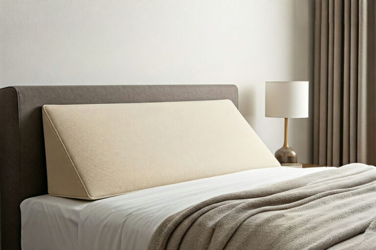 Professional photography style image showing a neatly made bed with a large, neutral-colored pillow wedge placed against a wall at the head of the bed. A person is comfortably sitting up against the wedge, reading a book. The image should highlight the supportive angle of the wedge and the cozy atmosphere created by layering decorative pillows and a throw blanket in front of it. The bedroom decor is modern and inviting, emphasizing the aesthetic appeal of using a wedge as an alternative.
