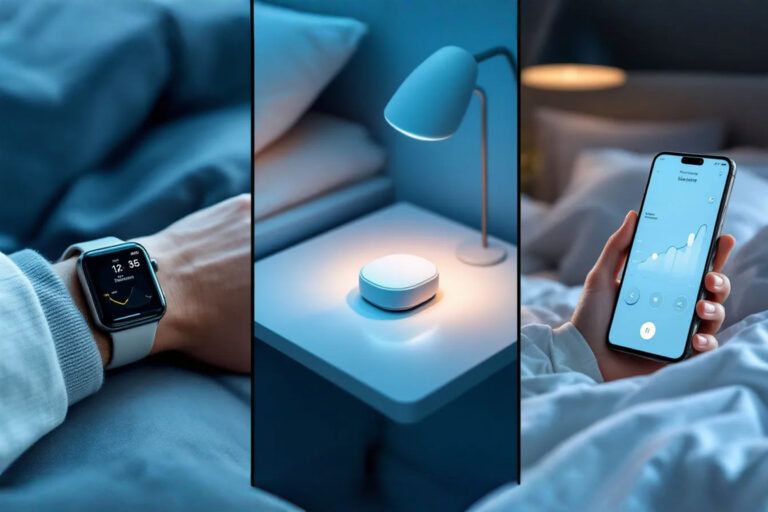 Professional photography style image. Split into three vertical sections. Left section shows a hand wearing a sleek smartwatch with a sleep tracking interface displayed. Middle section shows a modern, minimalist bedside table with a non-contact sleep sensor device on it, potentially with subtle light indicating it's active. Right section shows a smartphone screen displaying a sleep tracking app interface with a graph showing sleep stages. The overall feel is clean, technical, and informative, illustrating the three comparison points of the article.