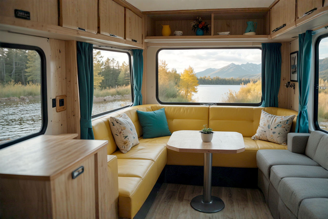 Professional photo showing a modern RV interior with a sofa bed folded up, revealing a spacious living area with a person comfortably reading on the sofa. The image should convey a sense of openness and clever space utilization, perhaps with a window view suggesting travel.