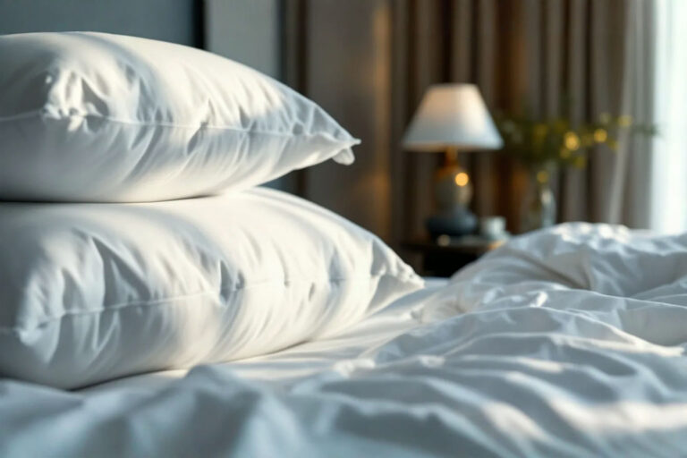 Professional photography style image showing a neatly made bed with multiple layered white pillows, highlighting the plushness and height achieved by stacking. The background is a subtly luxurious bedroom setting.
