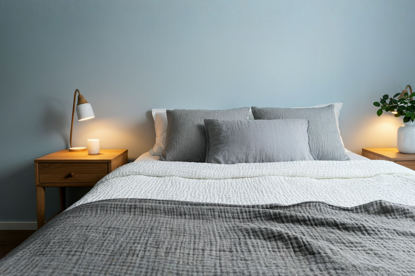 A beautifully styled, serene guest bedroom featuring soft, muted blue walls. The bed is made with layers of crisp white and textured grey bedding. Natural wood nightstands hold simple lamps with warm light. A small green plant sits on one nightstand. The overall feeling is calm, clean, and incredibly peaceful, shot with professional, soft natural light.