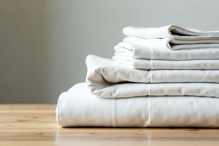 A high-quality, professional photograph showing a stack of neatly folded white and light grey bed sheets on a wooden surface. The focus is sharp on the texture of the fabric, highlighting the weave and the subtle sheen of quality material, rather than any visible labels or numbers. The lighting is soft and natural, creating a sense of calm and luxury.