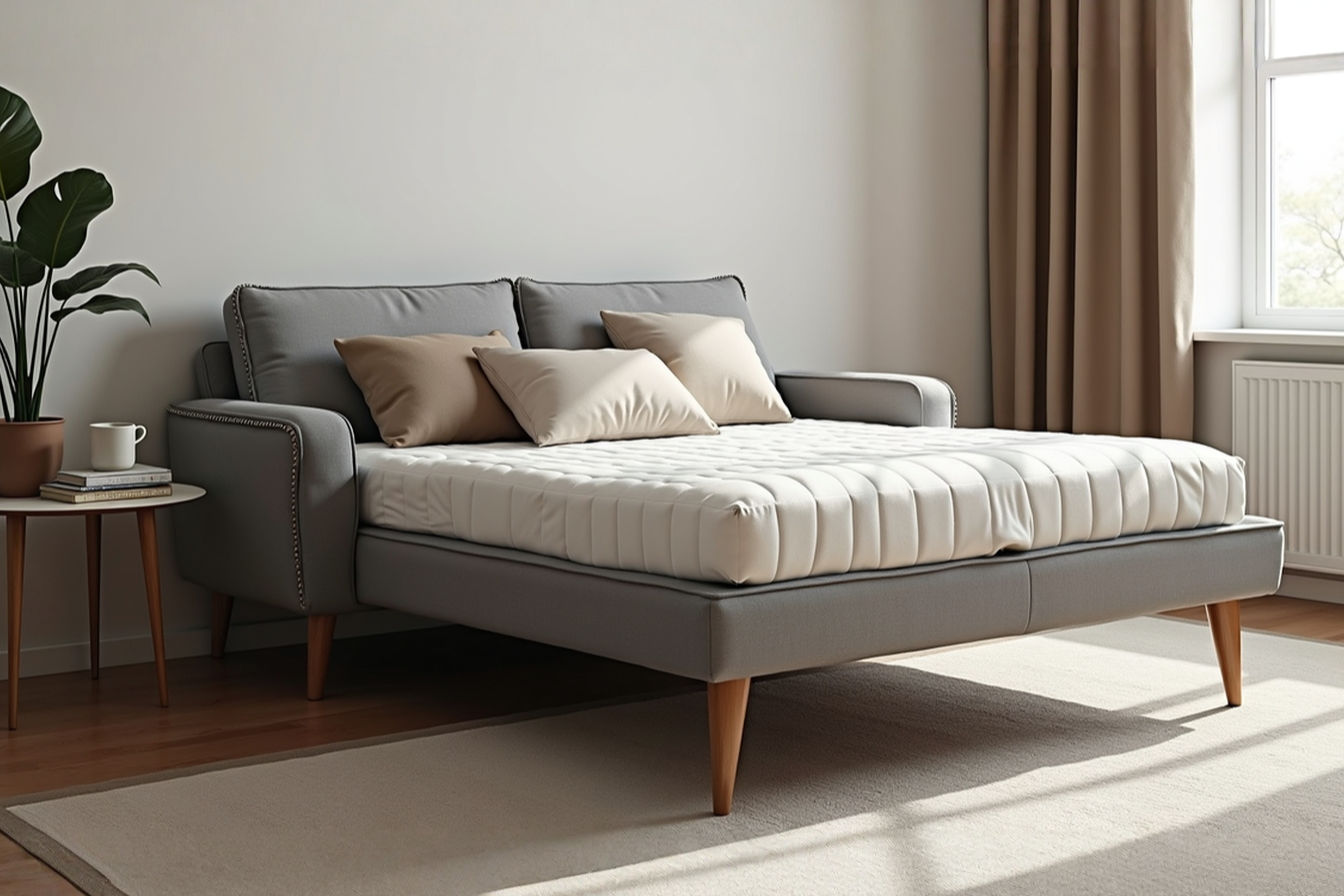 A stylishly decorated modern bedroom featuring a chic grey fabric bed settee with tapered wooden legs, placed against a light-coloured wall. The bed settee is partially open to show the comfortable mattress, with a few decorative pillows neatly arranged on the sofa section. Soft natural light is coming from a nearby window, highlighting the texture of the upholstery and the clean lines of the furniture. The overall mood is calm, inviting, and sophisticated.