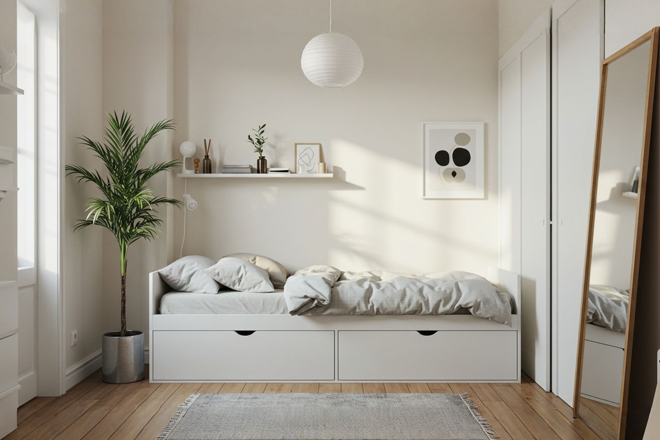 A bright, airy small bedroom with light-colored walls, featuring a bed with integrated storage drawers, a tall, narrow plant in a corner, a large mirror reflecting natural light from a window, and a few carefully chosen decorative items on floating shelves. The room feels cozy and personal but also spacious and organized. Professional photography style, well-lit.