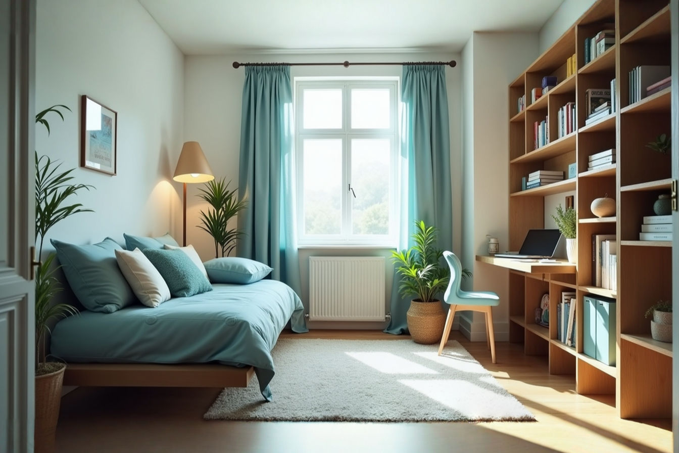 A bright, professionally styled photograph of a small, multi-purpose room. The image shows a comfortable daybed with decorative pillows, a compact floating desk with a laptop and a small plant, and a tall, narrow bookshelf filled with books and decorative items. Soft natural light streams in from a window. The color palette is light and airy, featuring soft blue, white, and natural wood tones, conveying a sense of calm and functionality.