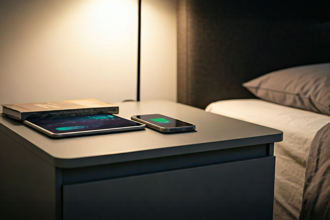 Professional photography of a stylish, modern bedroom scene. A sleek night table sits next to a bed. A smartphone and tablet are charging wirelessly on the tabletop and the screens are showing the charging icon. The scene is well-lit, showcasing the convenience and clean aesthetic of the nightstand, with perhaps a book and a small, tasteful lamp also on the surface. The background is softly blurred, focusing attention on the nightstand and its features.