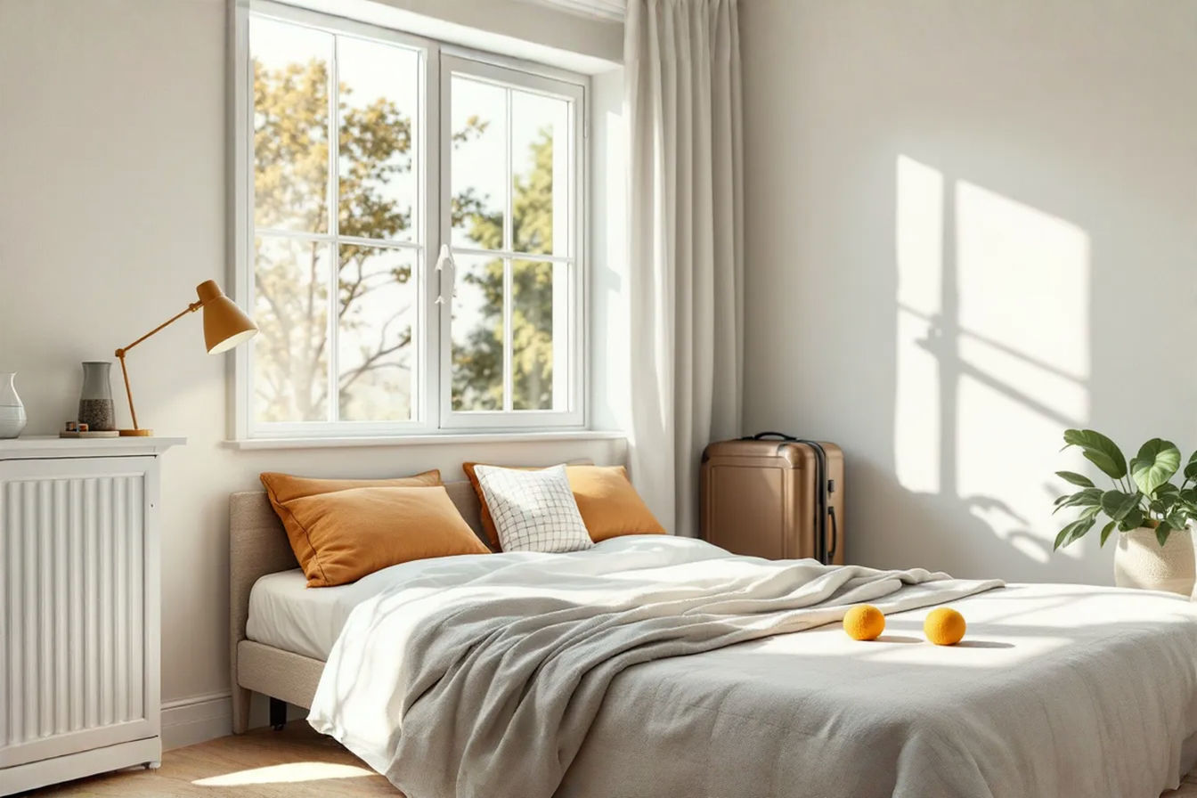A bright, clean, and inviting guest bedroom with a made bed, a small bedside table with a lamp and water carafe, a luggage rack, and a few decorative pillows on the bed. Sunlight is streaming through a window with nice curtains.