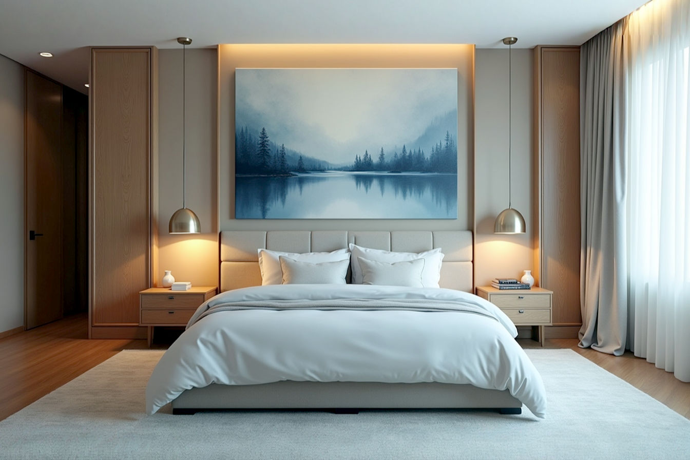 A professionally lit, wide-angle photograph of a beautifully designed master bedroom. The focal point is the wall above the bed, showcasing a large, abstract canvas art piece in calming blue and gray tones, perfectly scaled to the king-size bed and upholstered headboard. The room is tidy and inviting, with soft bedding, bedside tables with lamps, and subtle decorative elements that complement the artwork. The lighting is soft and ambient, highlighting the texture of the art and creating a serene atmosphere.