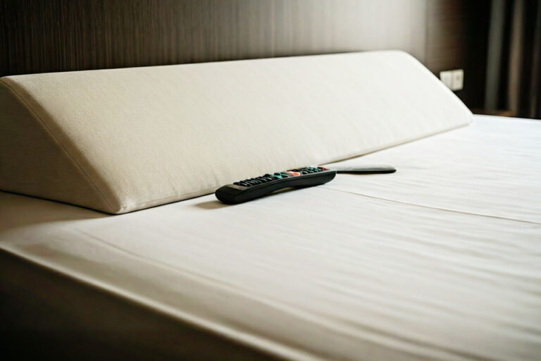 A high-angle, professional photograph showing a neatly made bed with a light-colored wedge pillow. A smartphone and a TV remote are resting securely on the surface of the wedge. The lighting is soft and highlights the clean lines of the bed and the effectiveness of the wedge.