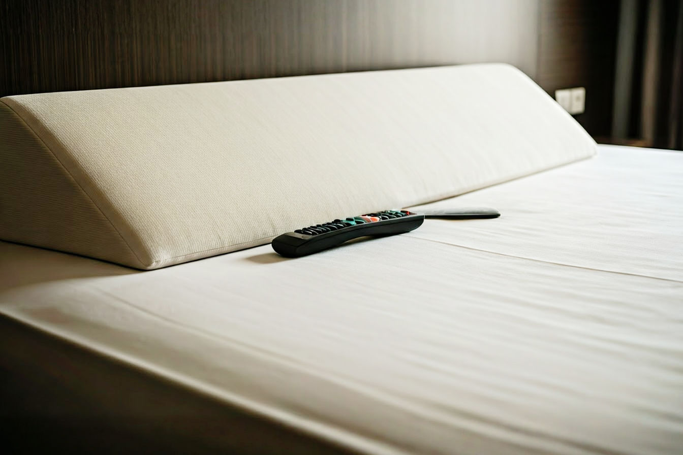 A high-angle, professional photograph showing a neatly made bed with a light-colored wedge pillow. A smartphone and a TV remote are resting securely on the surface of the wedge. The lighting is soft and highlights the clean lines of the bed and the effectiveness of the wedge.