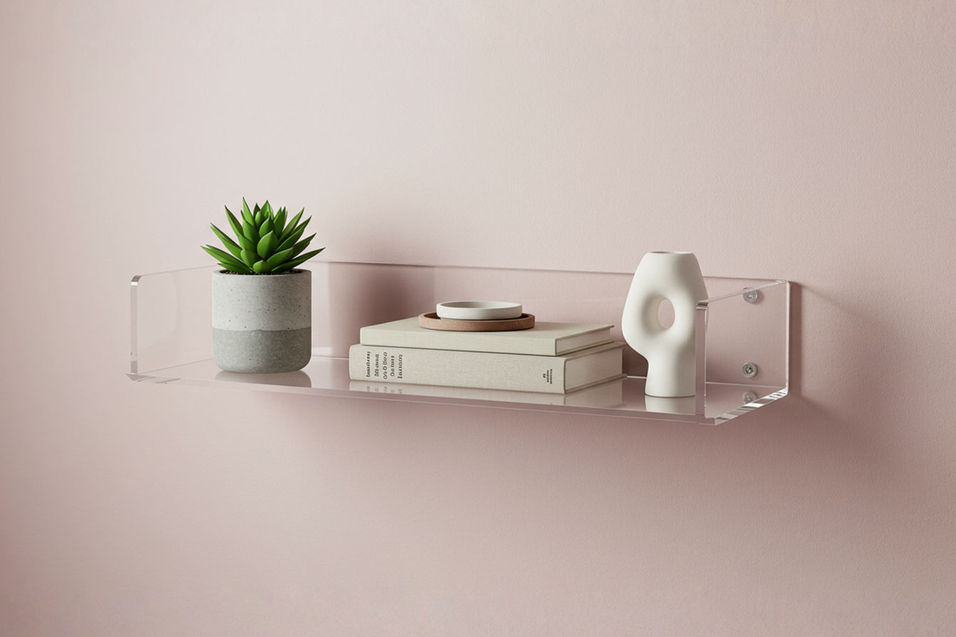 Professional, well-lit photograph of a clear acrylic floating shelf mounted on a light gray wall. The shelf displays a few carefully curated items in a minimalist style, including a small green succulent in a concrete pot, a stack of two neutral-colored books with a ceramic coaster on top, and a small, abstract white sculpture. Ample negative space is visible around and between the objects. The overall image is clean, sharp, and highlights the transparency of the shelf and the simplicity of the decor.