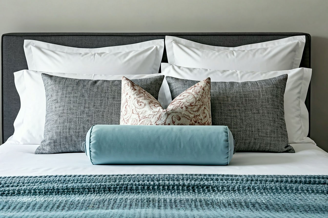 A luxurious king-size bed styled with multiple layers of throw pillows. The back layer features three large white Euro shams against a dark grey headboard. In front are two grey King shams, followed by a layer of patterned and textured square throw pillows in varying sizes and colors. A single long blue lumbar pillow sits centered at the very front.