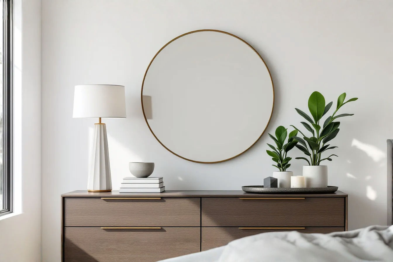 A beautifully styled modern bedroom dresser. On the dresser surface, a large round mirror is centered on the wall above. To the left, a tall, sculptural table lamp sits next to a stack of coffee table books topped with a small, modern ceramic bowl. To the right, a medium-sized snake plant in a concrete planter is placed next to a small metal tray holding a decorative candle and a geometric object. The dresser is a dark wood with clean lines. The overall scene is clean, balanced, and visually appealing, with natural light coming from a nearby window.