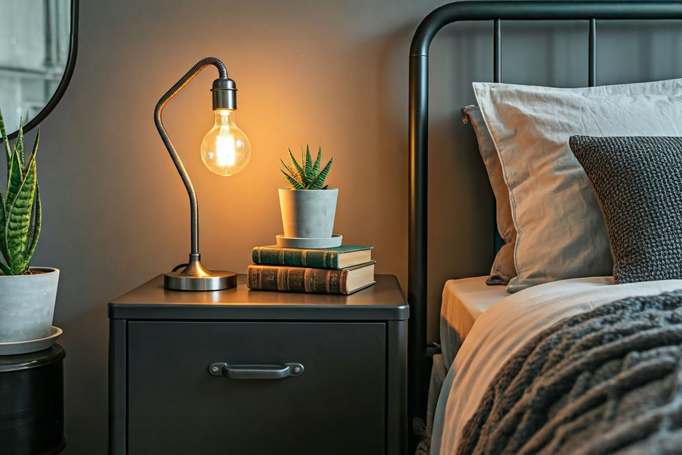 A stylish industrial chic bedroom scene focusing on a dark metal bedside table next to a bed. The table holds a metal task lamp with an Edison bulb, a small potted snake plant in a concrete planter, a stack of vintage-look books, and a few curated metal or concrete decorative objects. A textured throw blanket is draped on the bed, and the background shows hints of a neutral color palette with perhaps a metal-framed mirror or abstract art on the wall. The lighting is warm and inviting, highlighting the different textures and materials.