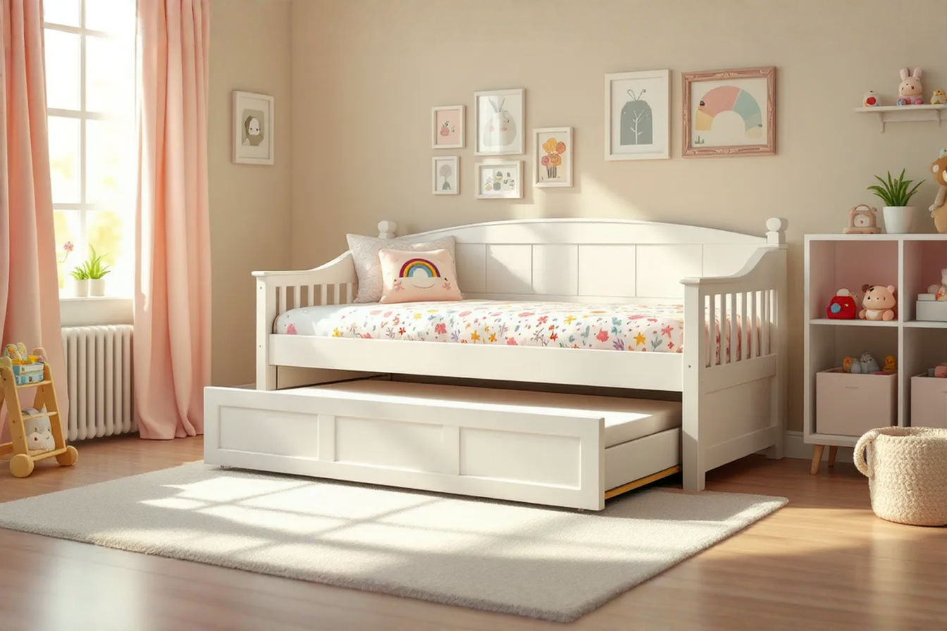 A bright, airy children's bedroom with a twin-sized white wood daybed. A colorful quilt is on the daybed. From underneath, a matching white trundle unit is partially pulled out, showing a mattress on a slatted base. The room is tidy with a rug on the floor and toys neatly stored on shelves. Natural light streams in from a window. The image is a professional, well-lit photograph focusing on the functionality and aesthetic appeal of the trundle bed in a real-world setting.