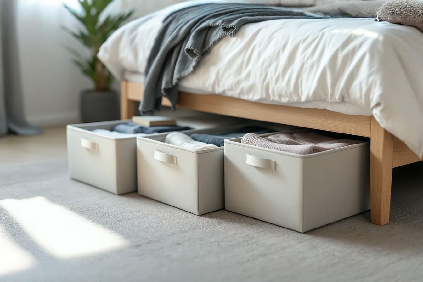 A well-lit, modern bedroom scene showing the lower part of a bed frame with several attractive, labeled storage bins or drawers neatly pulled out or visible underneath, filled with organized items like seasonal clothing, books, or linens. The room looks tidy and inviting, highlighting the benefit of utilizing under-bed space.