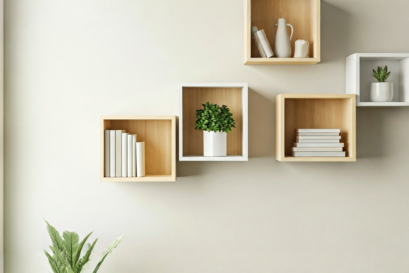 A professionally styled photo showing a living room wall with a creative arrangement of white and light wood box shelves. The shelves are filled with a mix of books, small potted plants, ceramic decorative objects, and framed photos, demonstrating both functionality and aesthetic appeal. The background wall is a soft neutral color, and natural light is coming from a nearby window, creating a warm and inviting atmosphere.