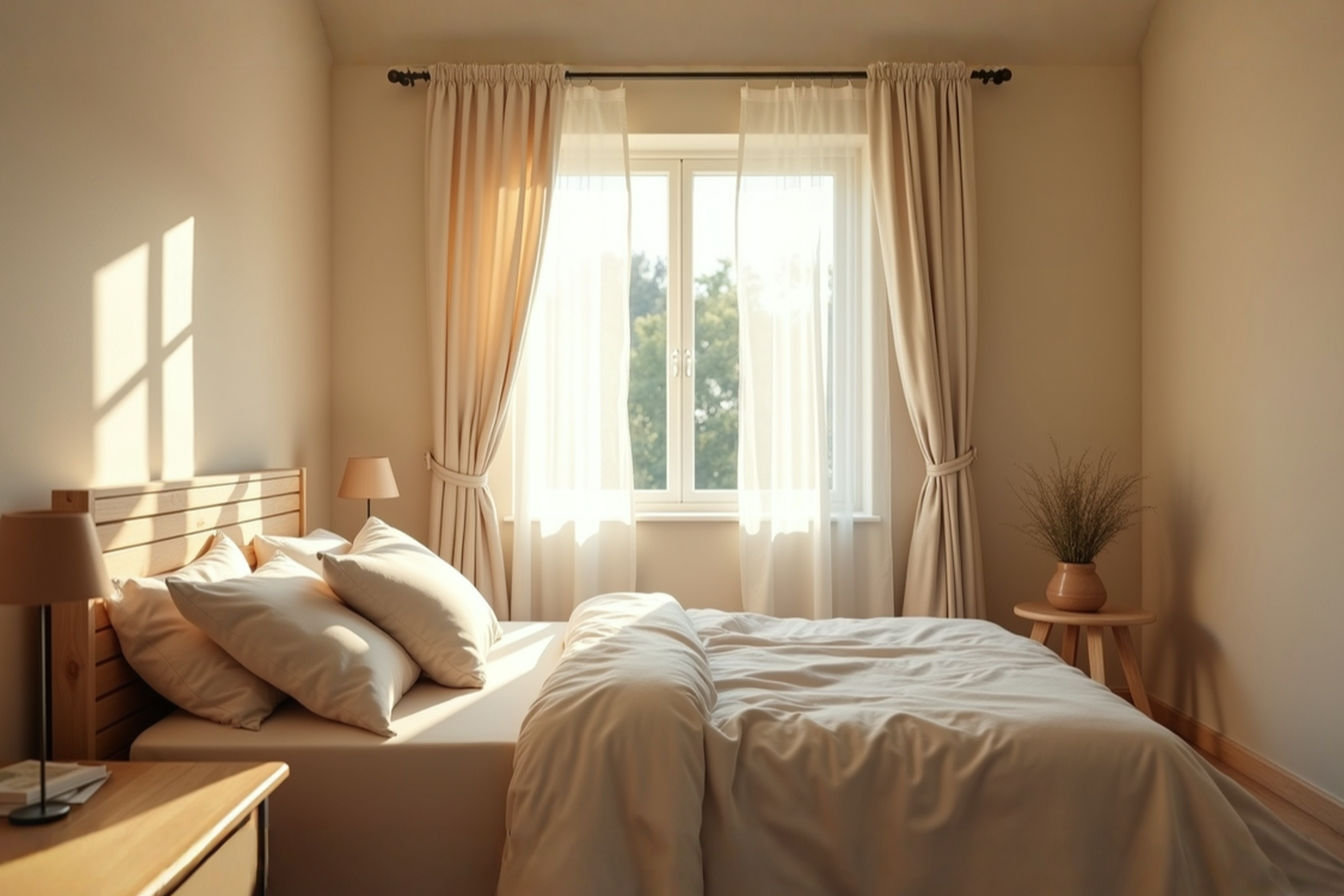 A bright, well-lit guest room painted in a soft, warm greige color. The room features a comfortable bed with layered neutral-toned bedding, a wooden nightstand with a lamp casting a warm glow, and a window with soft, flowing curtains. Sunlight streams gently into the room, highlighting the subtle texture of the wall and creating a peaceful, welcoming atmosphere. The overall style is clean, comfortable, and inviting professional photography.