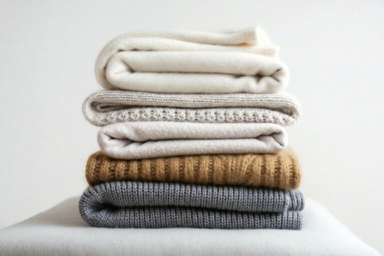 Close-up professional photograph showing a stack of different lightweight blanket fabric swatches, including fluffy down, textured wool, soft fleece, and smooth synthetic material, highlighting their varying textures and implied warmth.