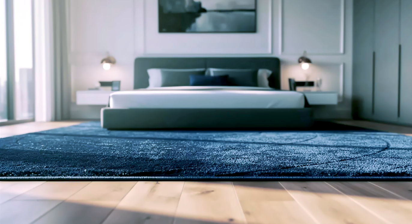 A hyper-realistic, cinematic wide shot of a modern master bedroom. Center frame is a charcoal grey King-size bed anchored by a textured, navy blue area rug (8x10). The lighting is "golden hour," with sunlight raking low across the floor to highlight the dense texture of the rug pile, proving it is flat and wrinkle-free. Sharp focus on the rug weave; shallow depth of field blurring the headboard. Style: Architectural Digest, 8k resolution, high contrast, rich textures.