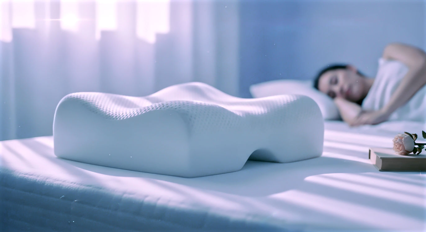 A hyper-realistic, cinematic close-up photograph of a high-tech contoured memory foam pillow sitting on a crisp white mattress. The lighting is "clinical blue" and moody, highlighting the texture and curves of the foam. In the background, slightly out of focus, a person is sleeping in perfect spinal alignment. The image should convey "medical precision" rather than "cozy bedding." High resolution, 8k, sharp focus on the pillow geometry.